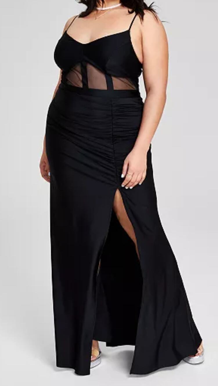 Honey and Rosie Long Black Dress Size 18 NWT Ruched Thigh High Slit A1.1